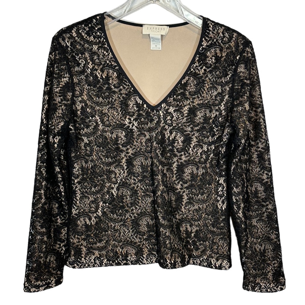 Express Tricot Black Lace V-Neck Long Sleeve Top Size M
